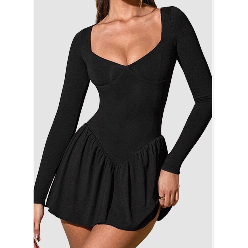 Oh Polly Mini Dress Black Sexy Long Sleeve Fitted Milkmaid Keziah Sexy Size 4